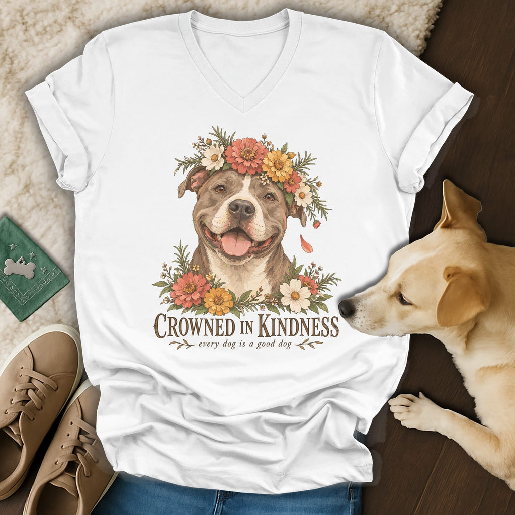 A white V-neck t-shirt featuring a graphic of a smiling pit bull wearing a flower crown with the text "Crowned in Kindness."