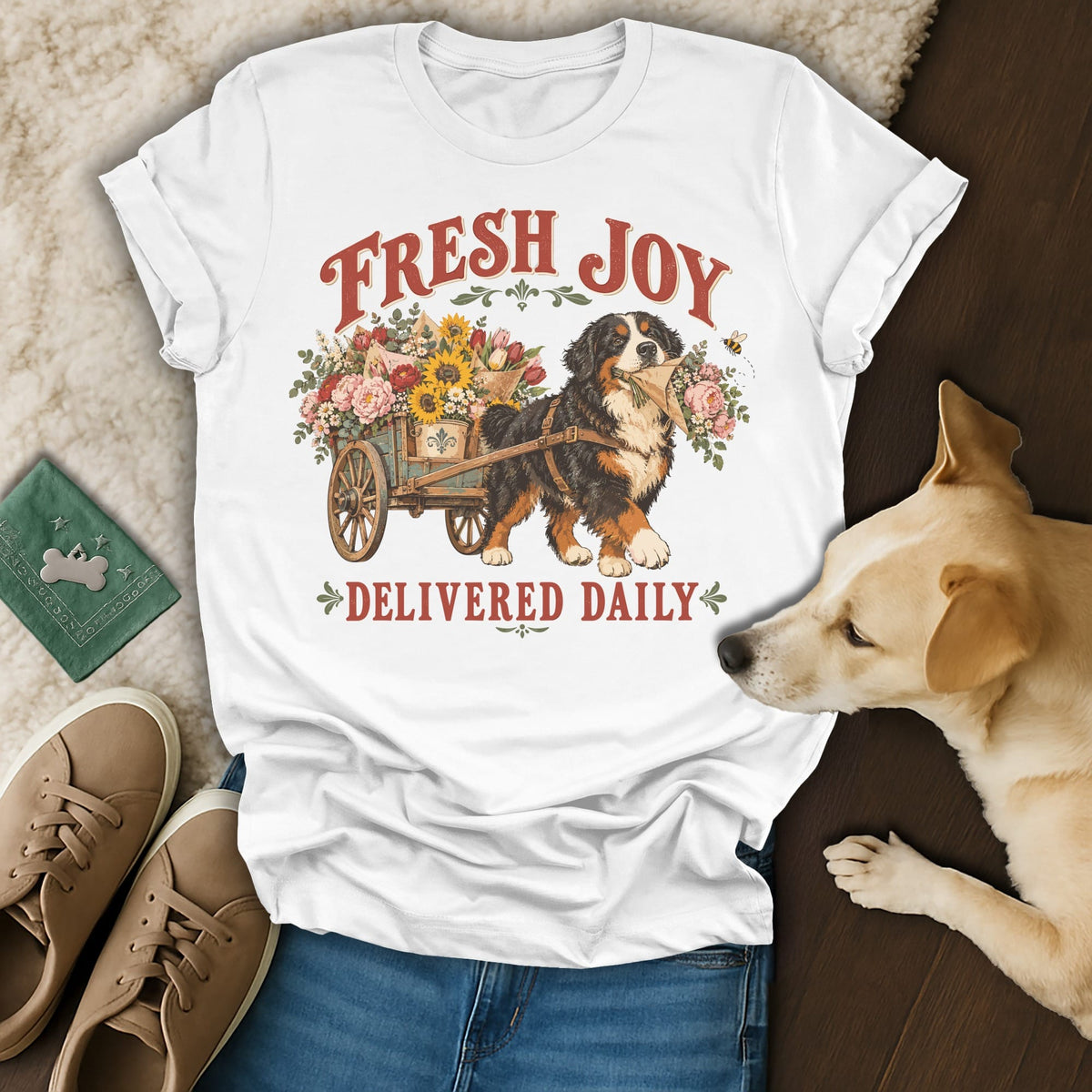 White t-shirt with a vintage graphic of a Bernese Mountain Dog pulling a flower-filled wooden cart.