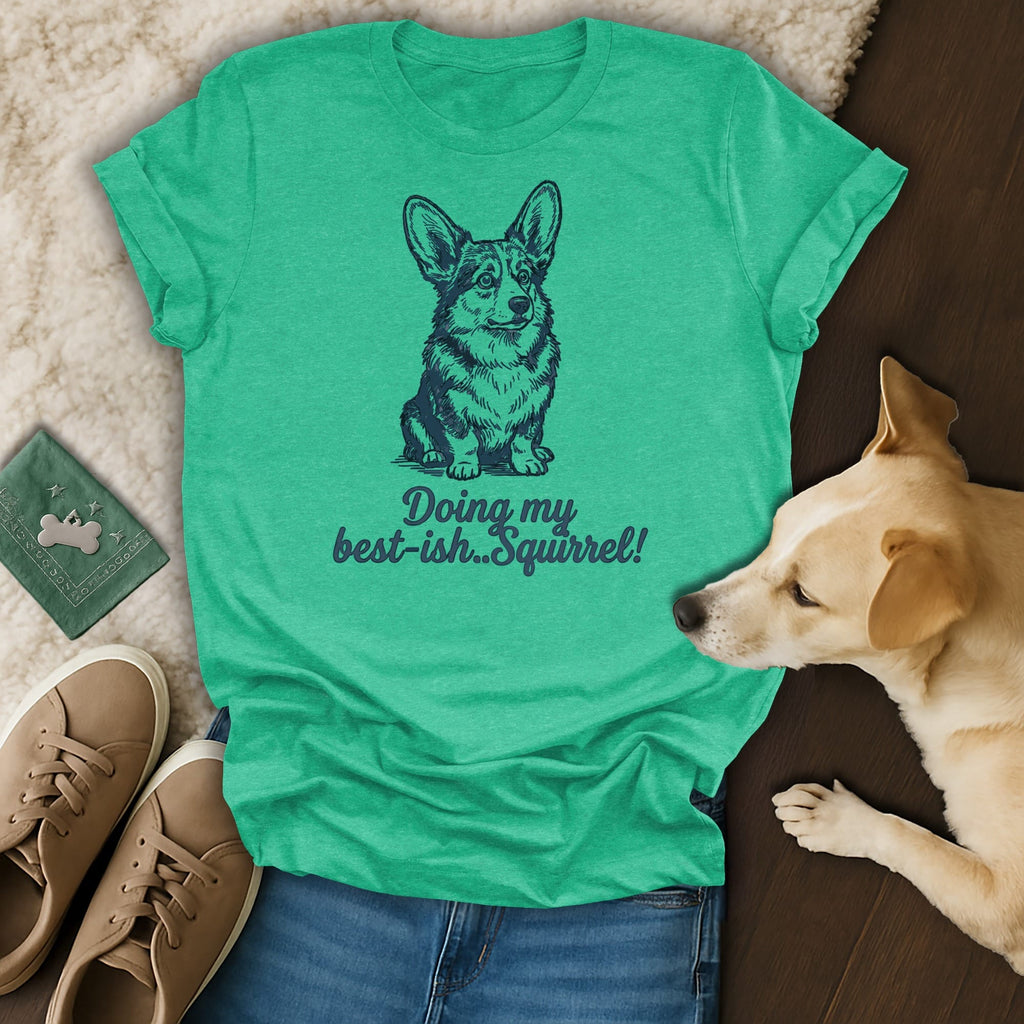 Corgi dog illustration on a teal t-shirt saying "Doing my best-ish...Squirrel!".