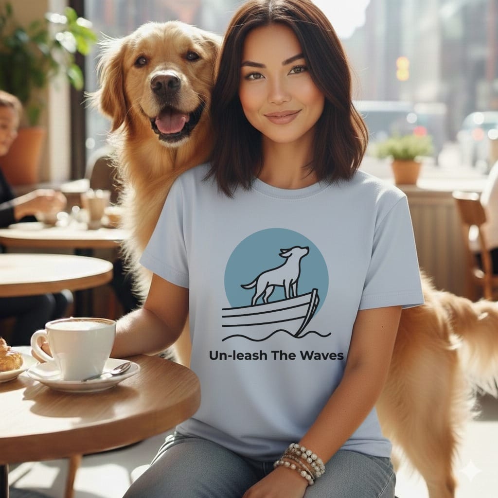 Woman with Golden Retriever wears t-shirt with boat and dog graphic.