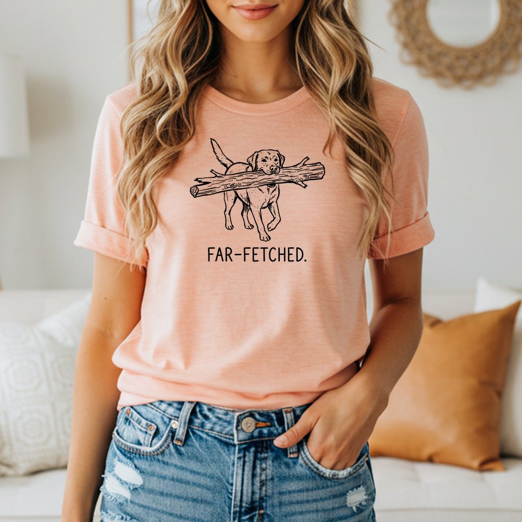 Labrador retriever carrying a large stick with text "FAR-FETCHED."