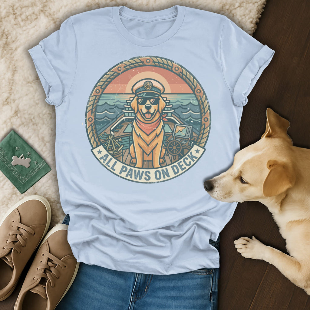 Golden retriever wearing sunglasses and captain's hat on a boat, "All Paws On Deck" text.