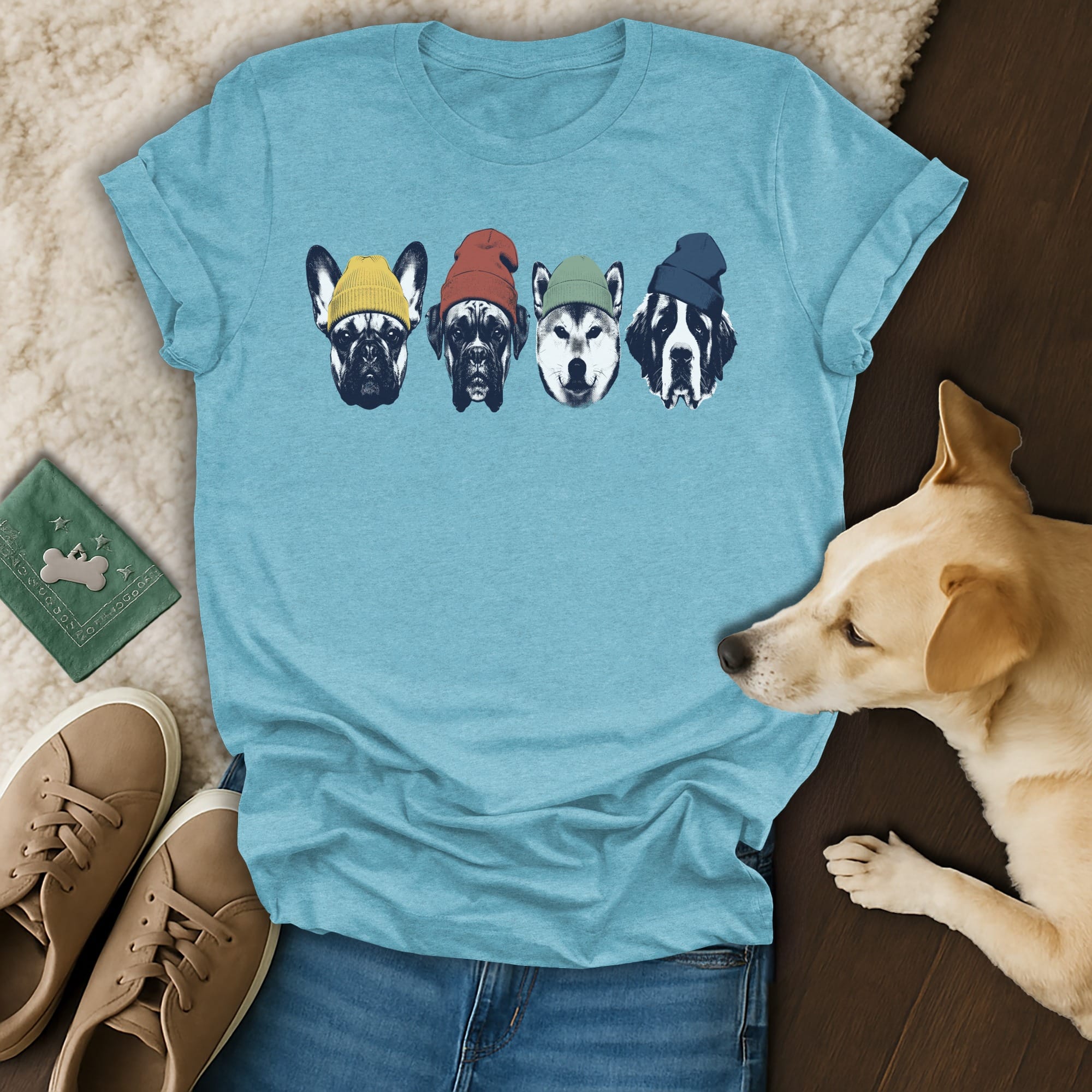 Four dogs wearing beanies on a t-shirt with a dog and shoes nearby.