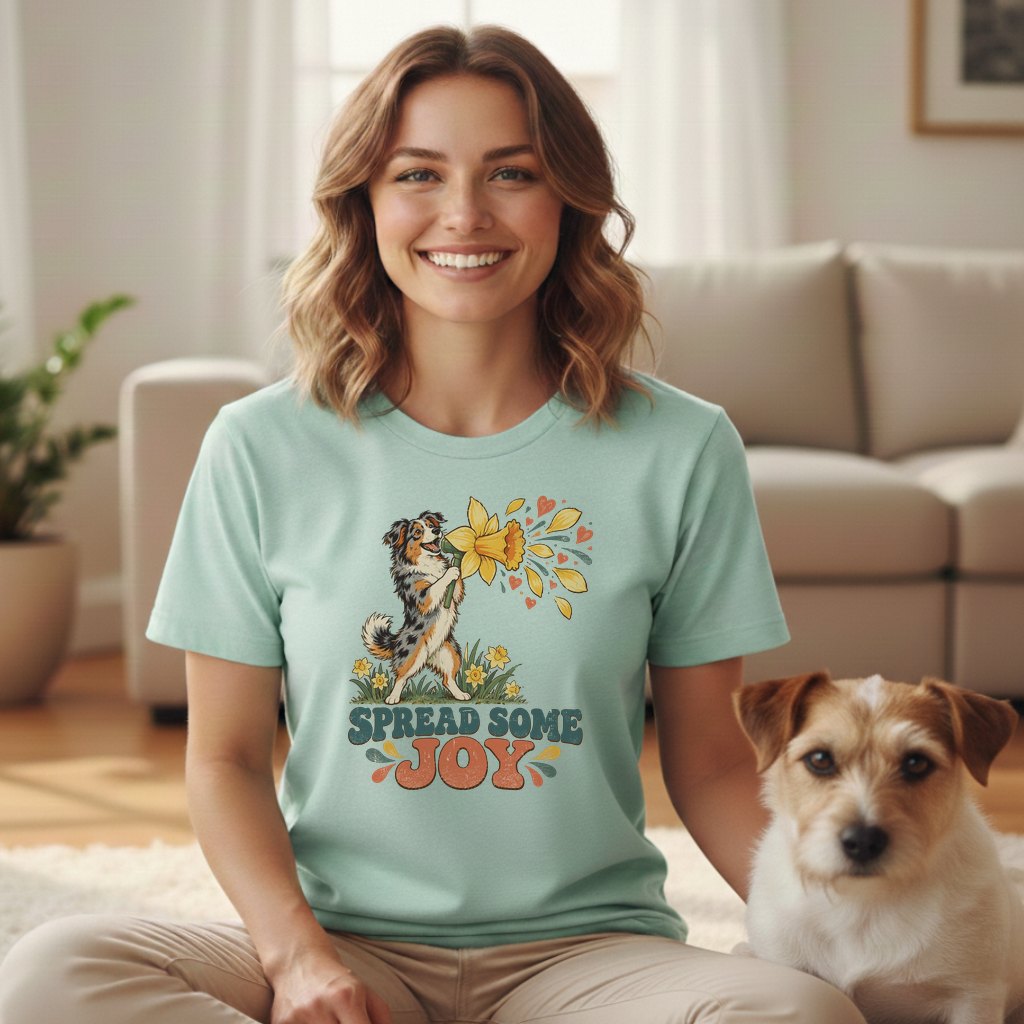 A smiling woman wearing a mint-green t-shirt with a dog and flower graphic sits beside a Jack Russell terrier.