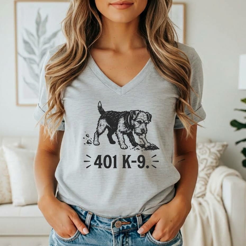 Grey t-shirt with a terrier dog digging and the text "401 K-9".