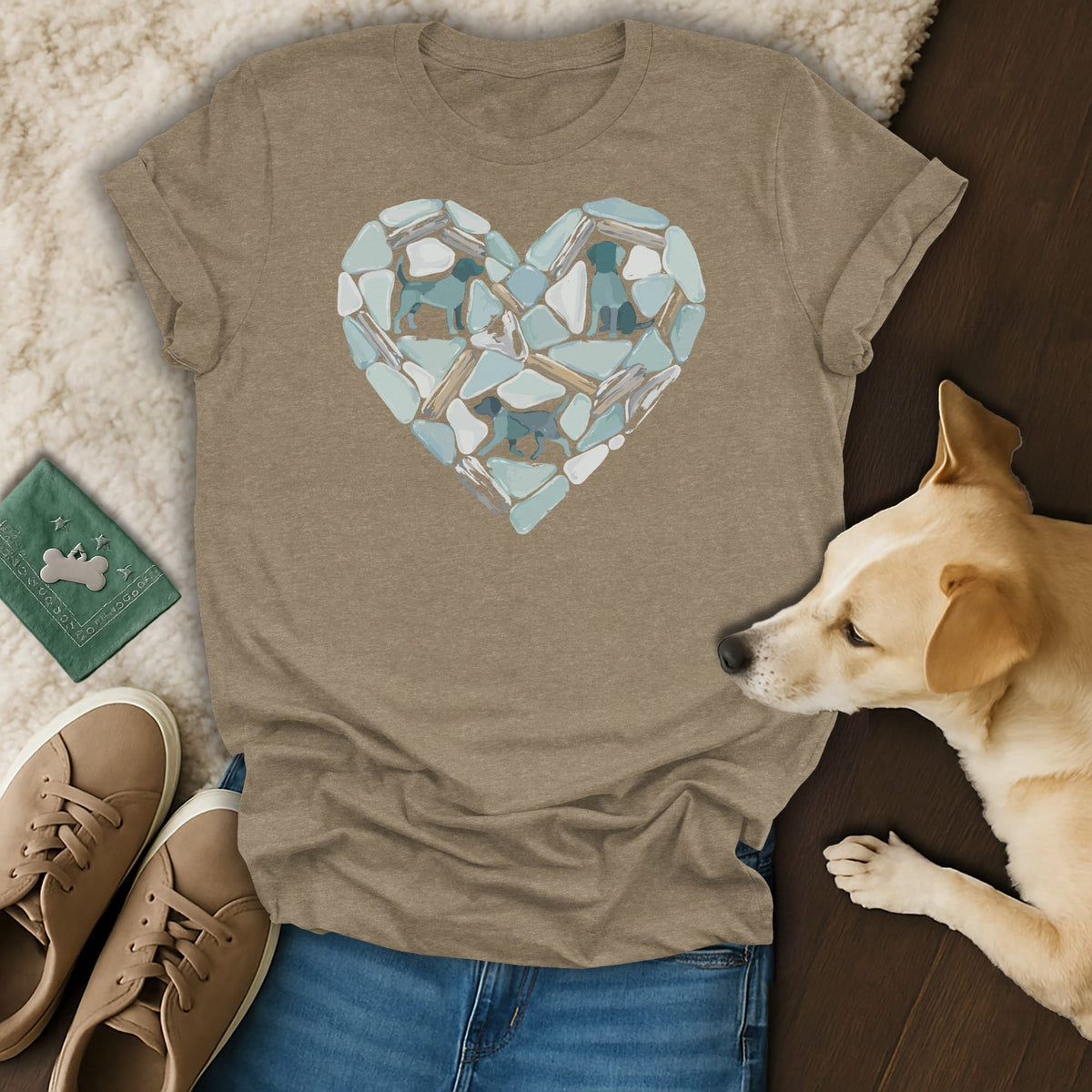 Taupe t-shirt with a heart design of blue dogs and sea glass.