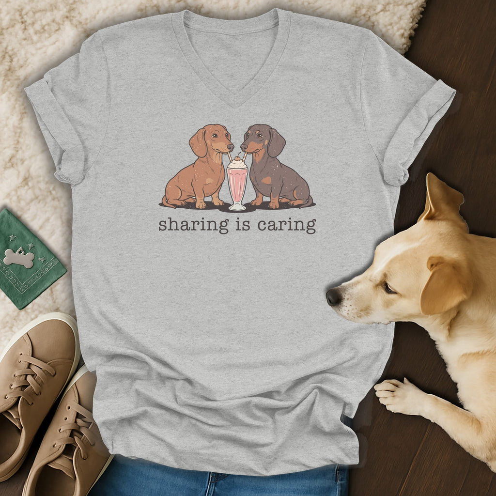 Two dachshunds share a milkshake with the text "sharing is caring".