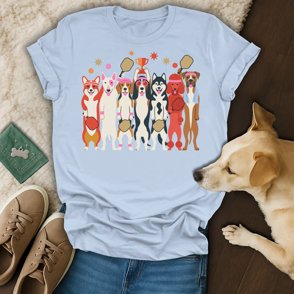 Light blue t-shirt with cartoon dogs playing pickleball and holding a trophy.