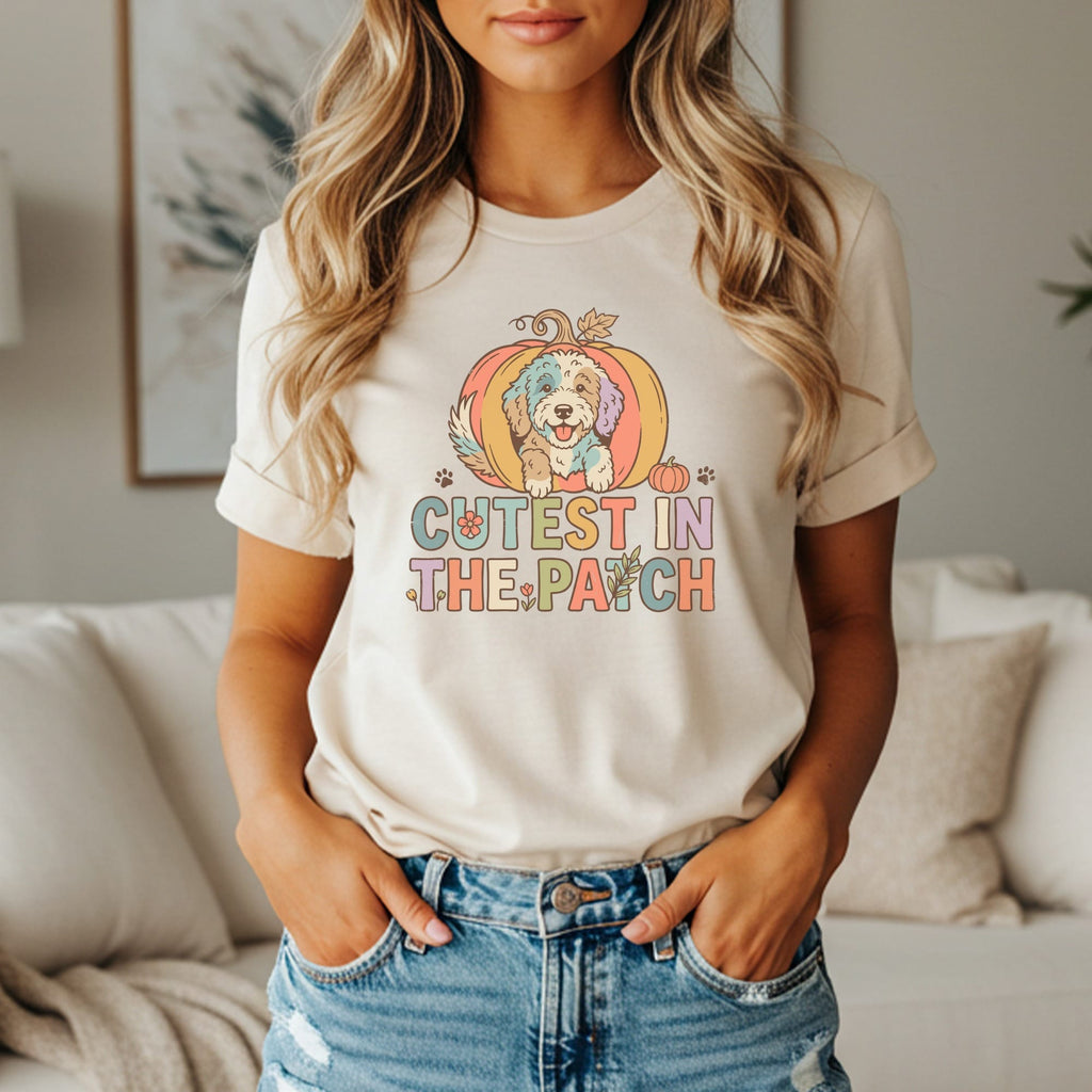 Cream t-shirt with a cartoon dog in a rainbow pumpkin and "Cutest in the Patch" text.