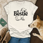 White t-shirt with "Bestie" text and dog silhouette.