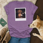 Purple t-shirt with a dog wearing sunglasses being served champagne.