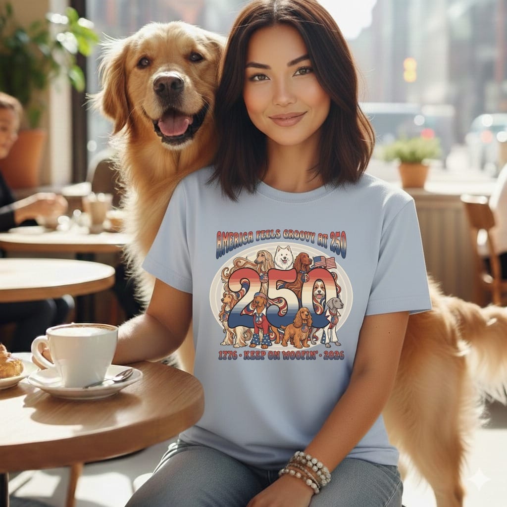 Woman with golden retriever wearing a "America Feels Groovy" t-shirt with dogs.