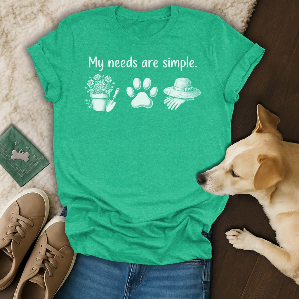 Green t-shirt with "My needs are simple." text and gardening, paw print, hat icons.