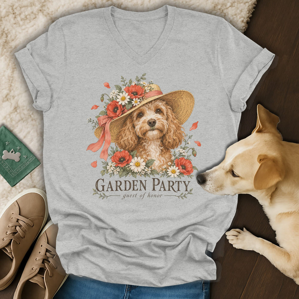 Heather gray v-neck t-shirt featuring a graphic of a curly dog in a floral hat with text reading Garden Party, guest of honor.