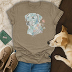T-shirt with a mosaic-style dog portrait and delicate flowers.