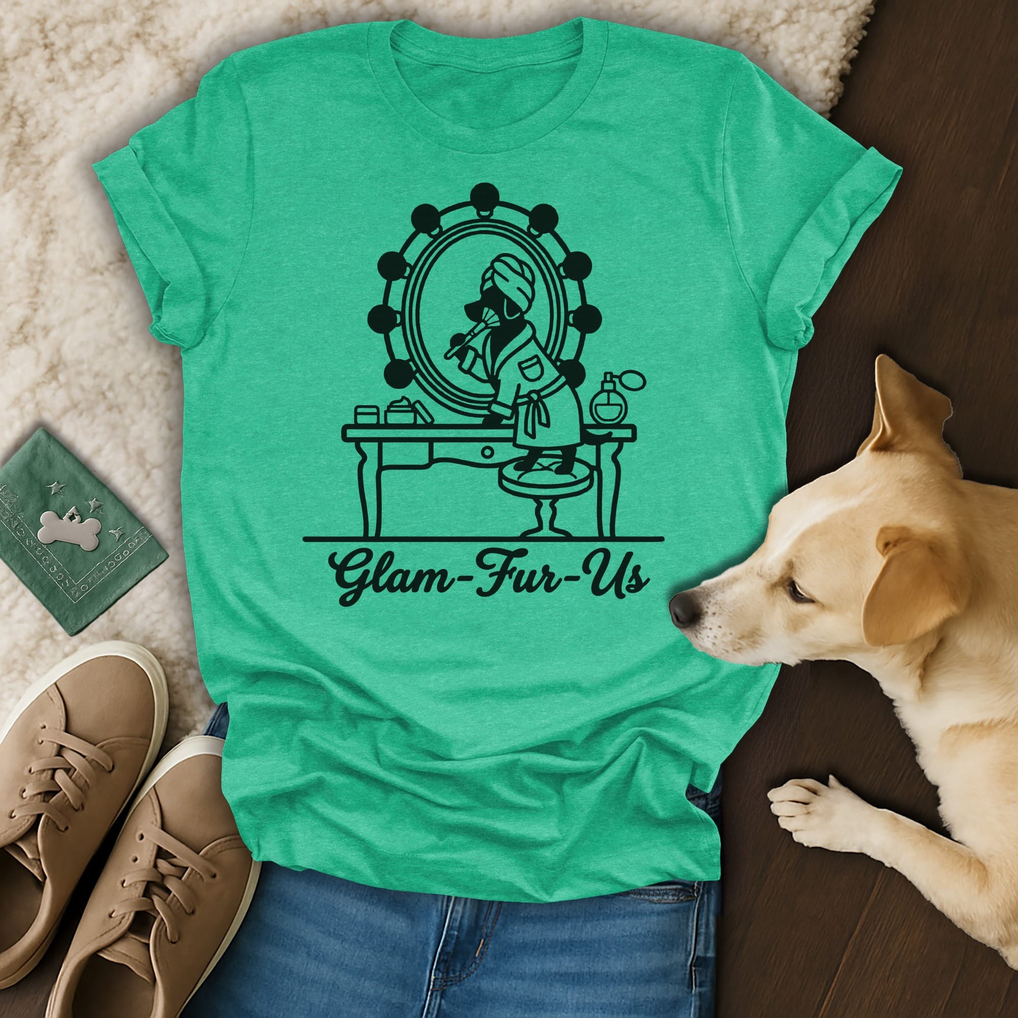 Green t-shirt with cartoon dog at vanity and "Glam-Fur-Us" text.