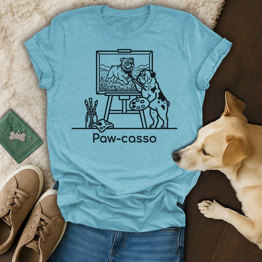 Bulldog painting a landscape, text "Paw-casso" on light blue t-shirt.