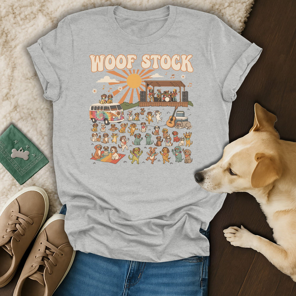 Grey t-shirt with "Woof Stock" text and dogs playing at a music festival.