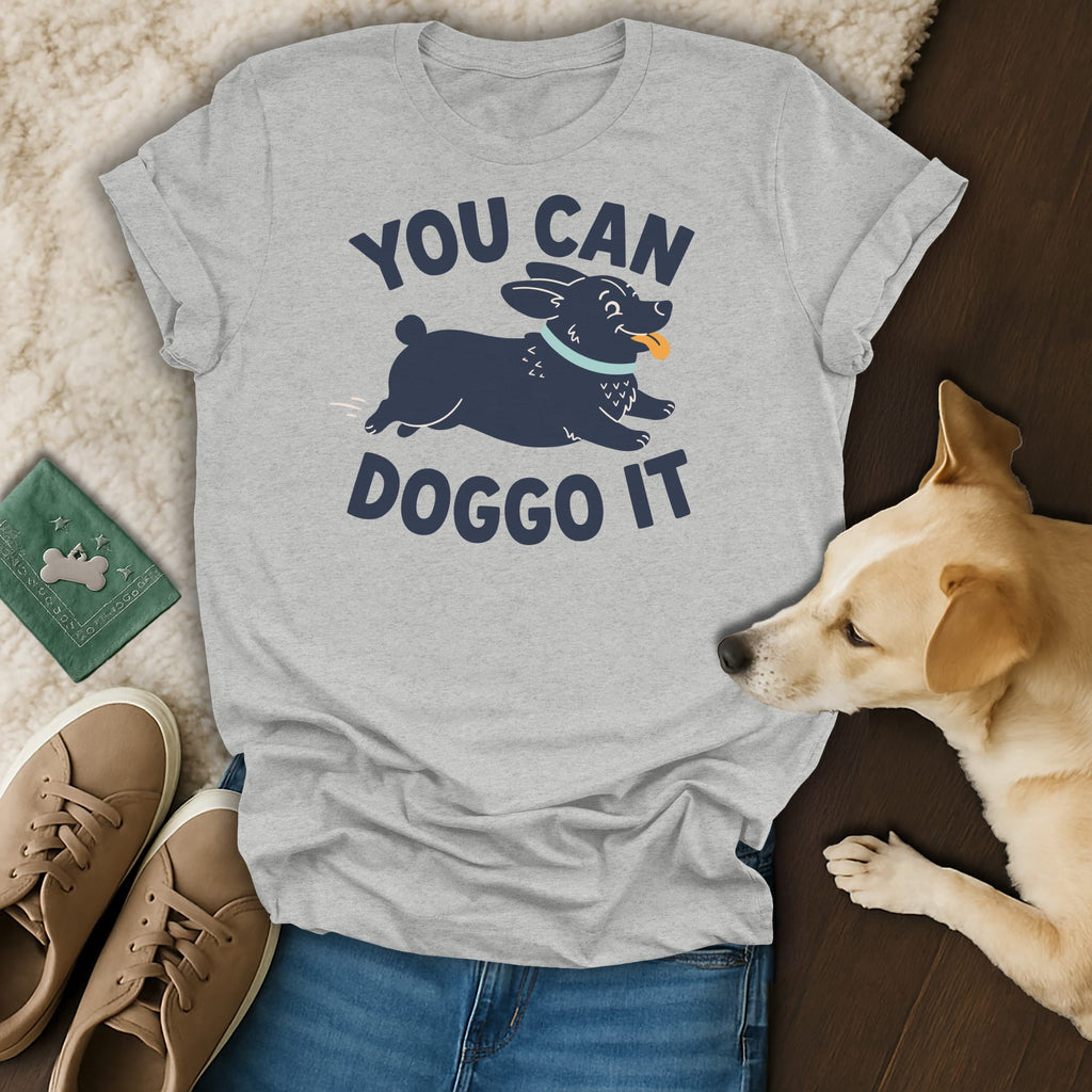 Grey t-shirt with dark blue text "YOU CAN DOGGO IT" and a running dog graphic.
