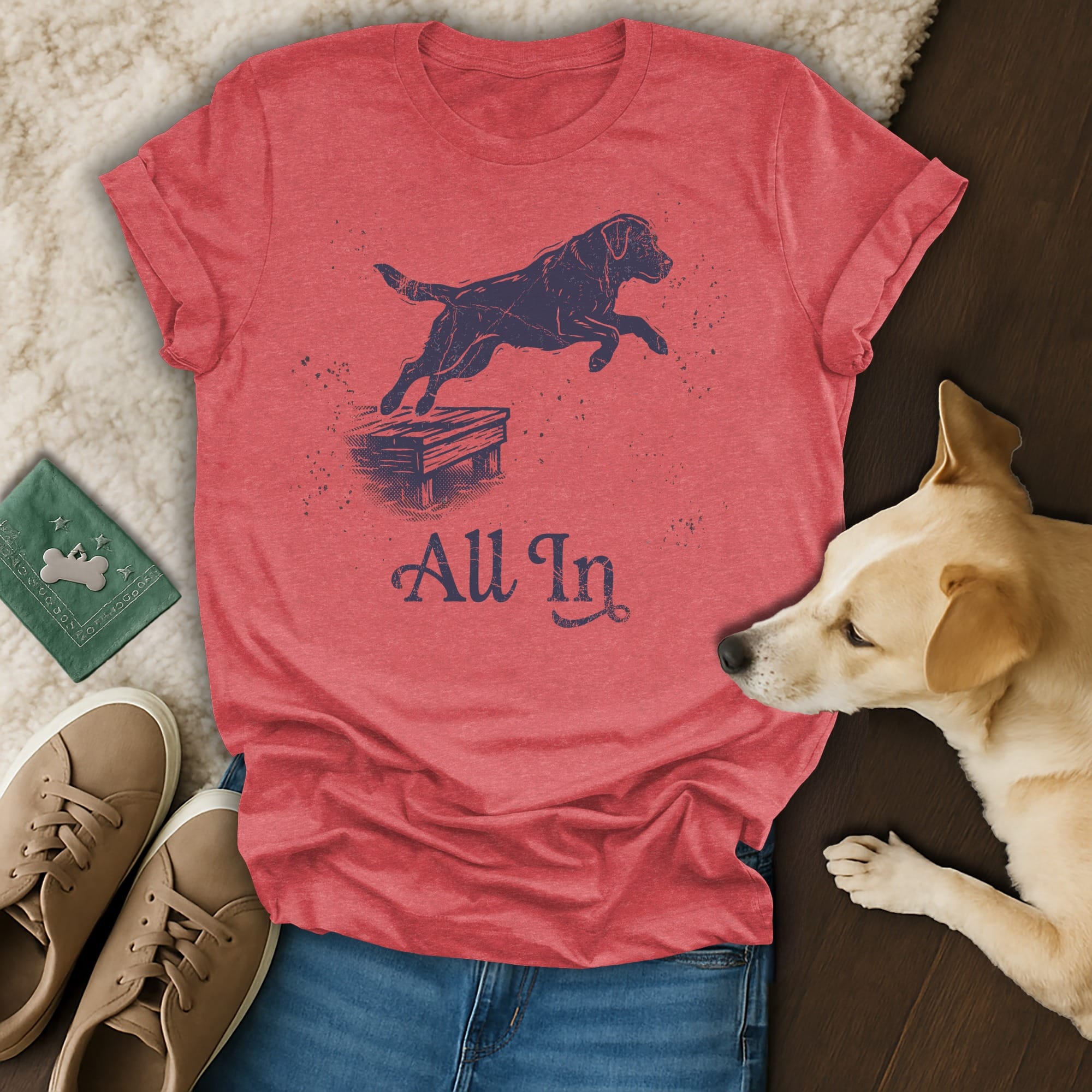 Red t-shirt with a jumping dog graphic and "All In" text.
