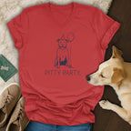 Red v-neck t-shirt with a blue pit bull wearing a party hat and holding a balloon.