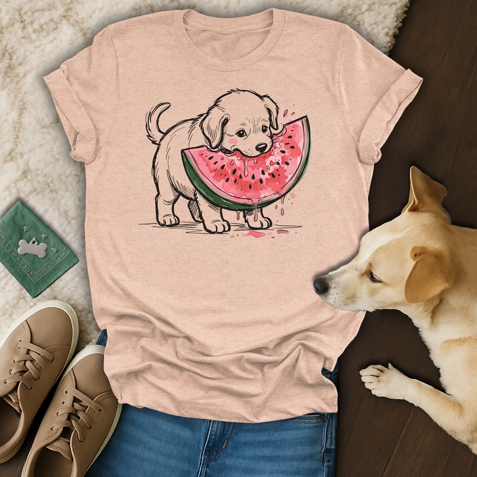 Puppy happily eating a slice of watermelon on a peach t-shirt.