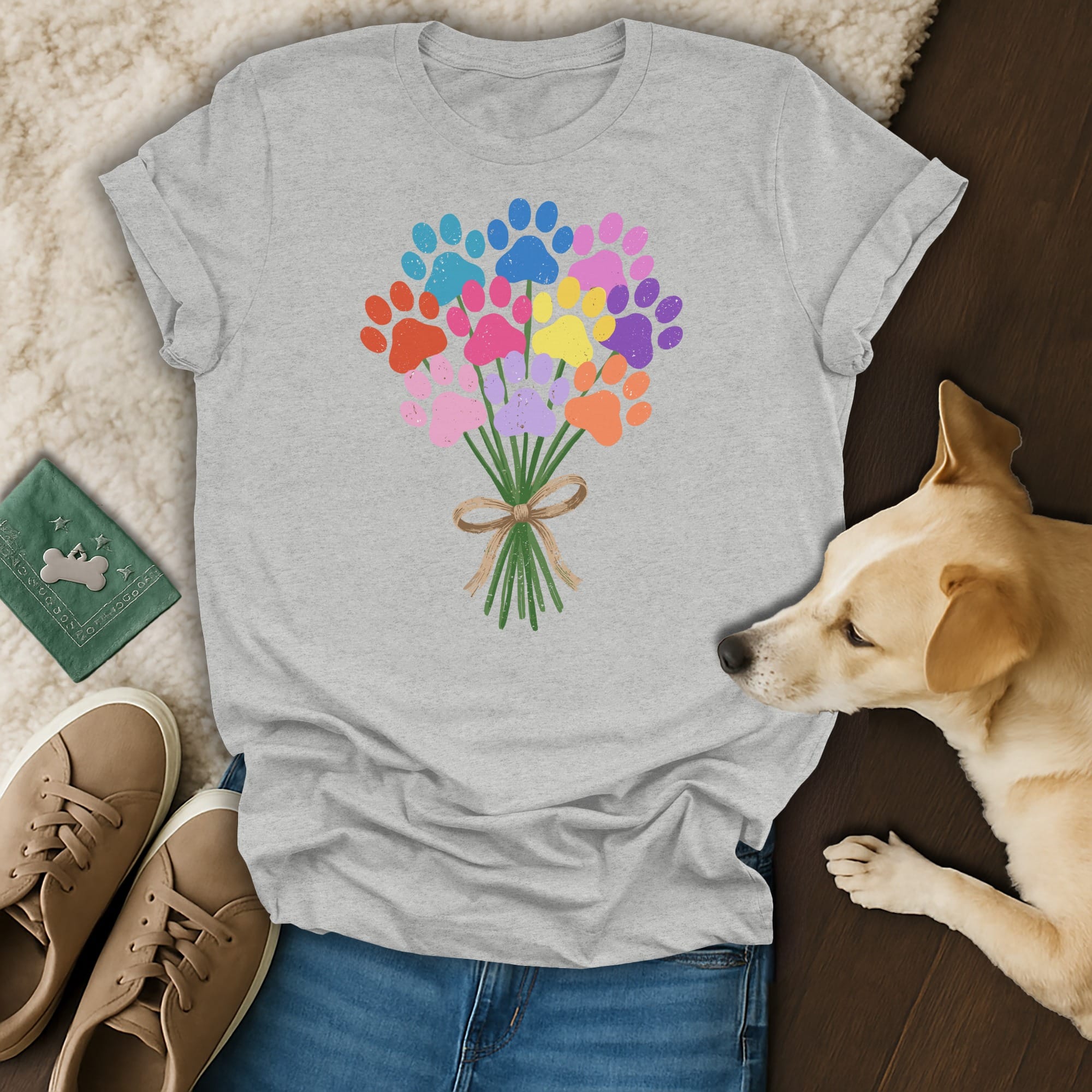 Light grey t-shirt with a colorful bouquet of paw print flowers.