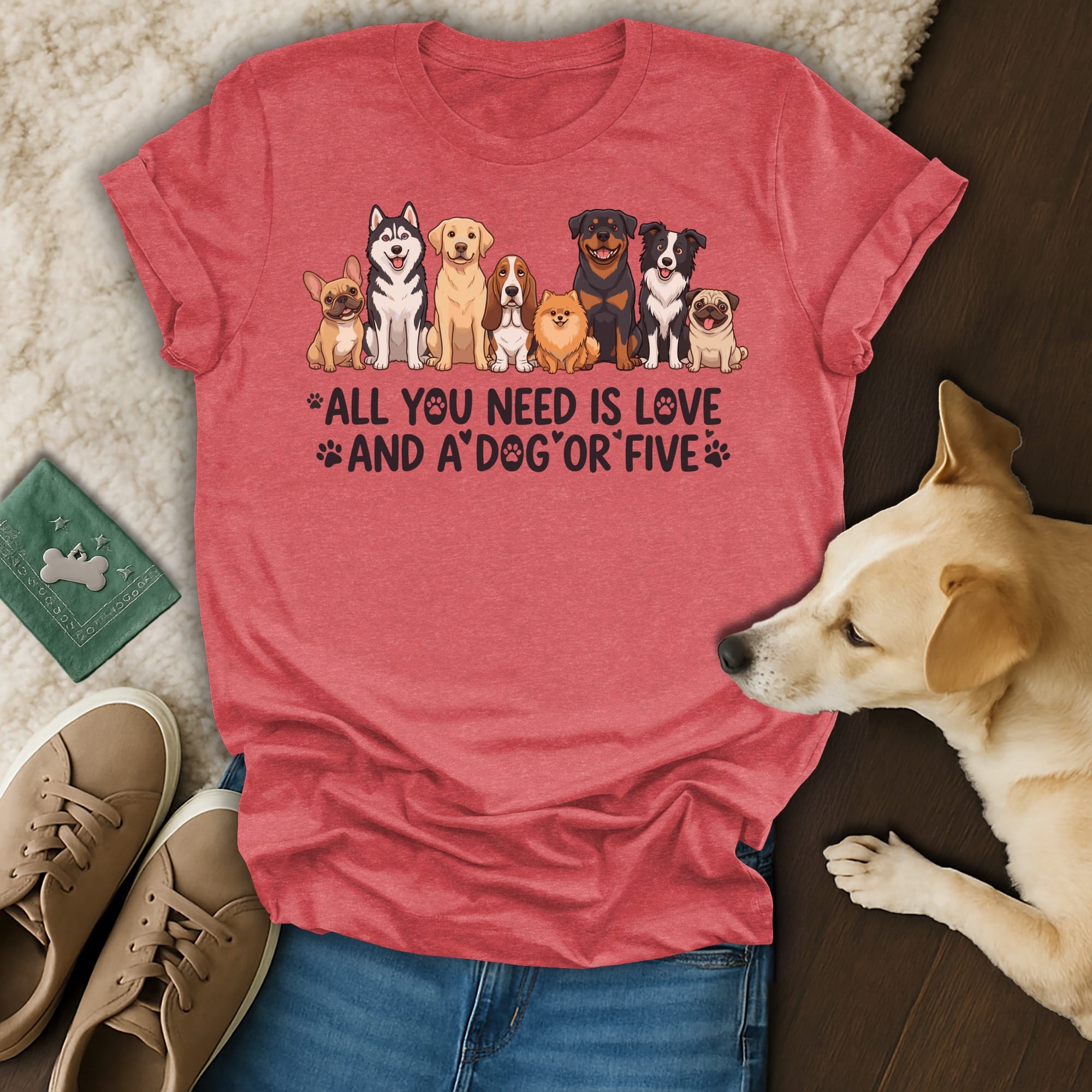 T-shirt with cartoon dogs and text "All You Need Is Love And A Dog Or Five".