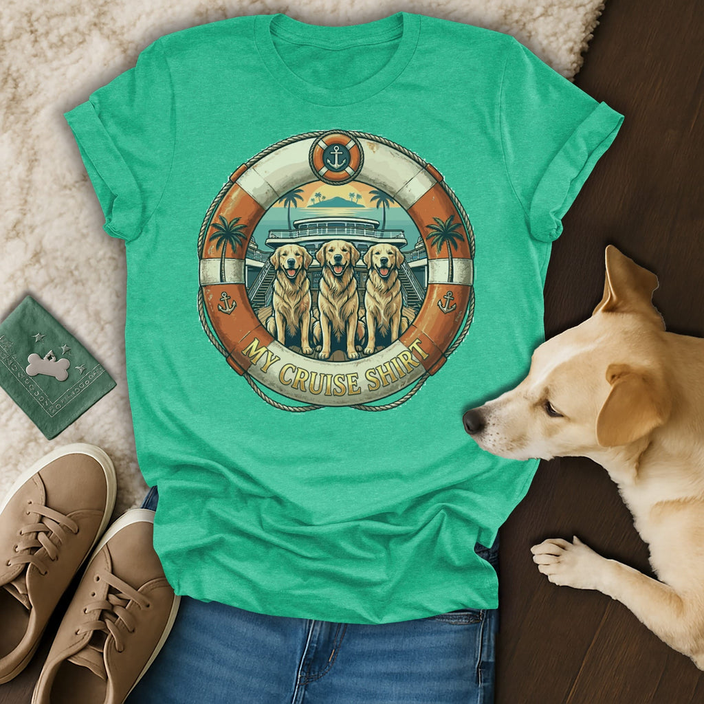 T-shirt with a graphic of three golden retrievers on a cruise ship deck.