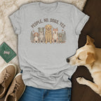 Grey t-shirt with "PEOPLE, NO. DOGS, YES." text and five cartoon dogs.