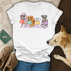 Four dogs wearing sunglasses carry shopping bags on a t-shirt.