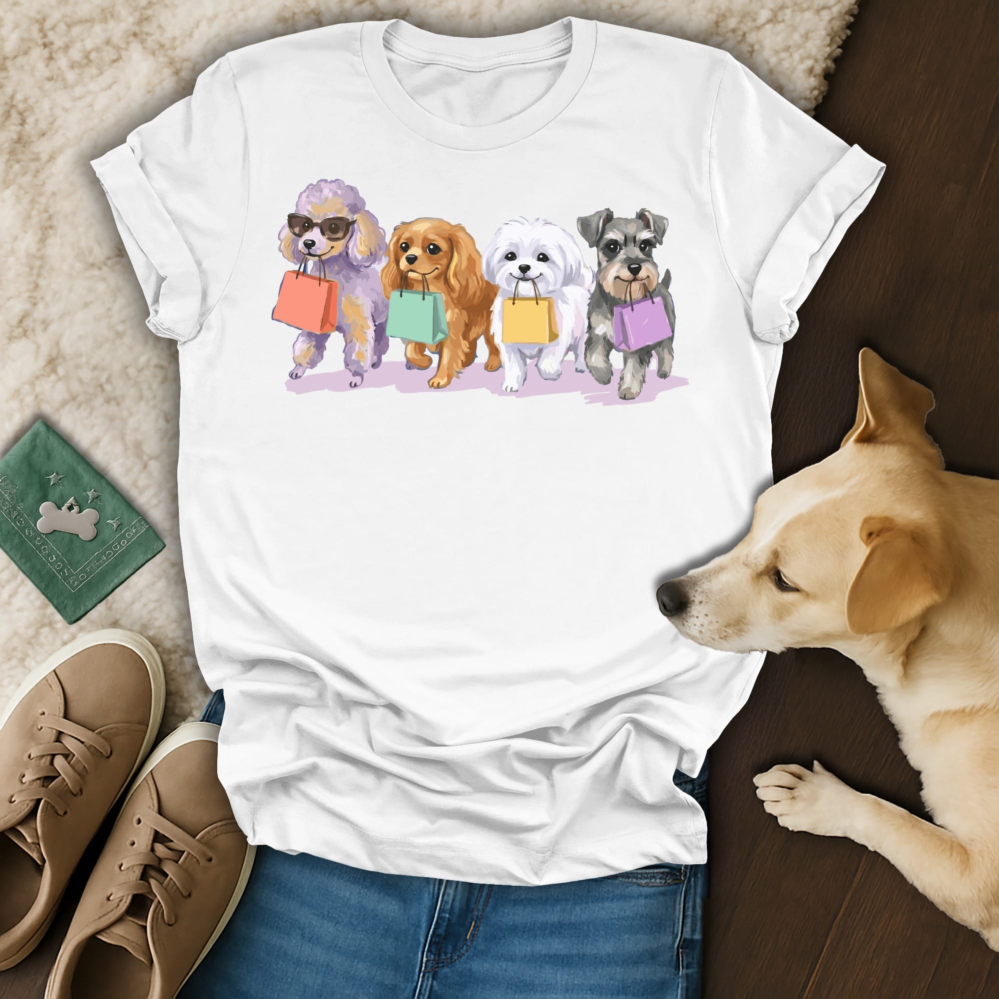 Four dogs wearing sunglasses carry shopping bags on a t-shirt.