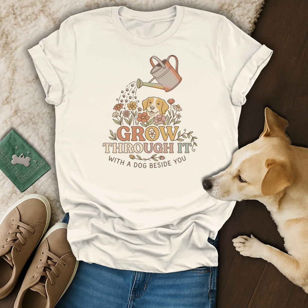 Cream t-shirt with graphic: dog, flowers, watering can, and text "GROW THROUGH IT WITH A DOG BESIDE YOU."