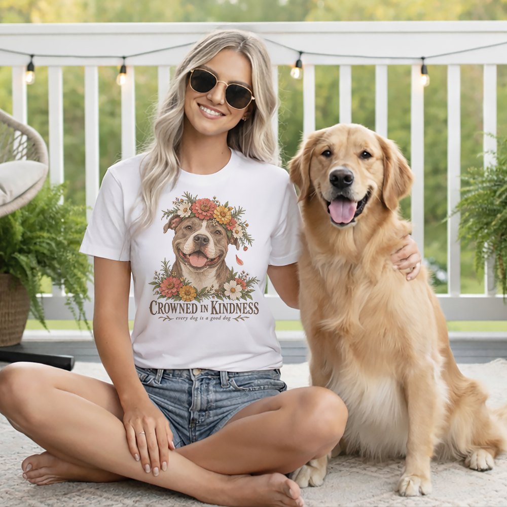A smiling blonde woman wearing sunglasses and a white graphic t-shirt sits beside a golden retriever.