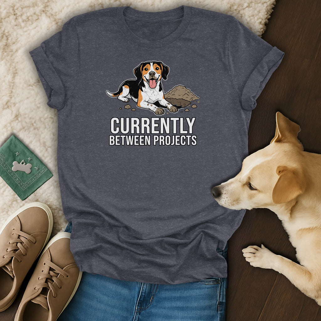 T-shirt with a beagle graphic and the text "CURRENTLY BETWEEN PROJECTS".