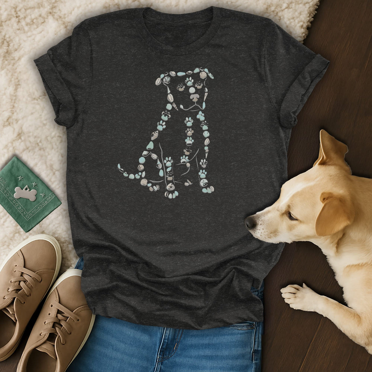 Dark grey t-shirt with a white dog outline made of seashells and paw prints.