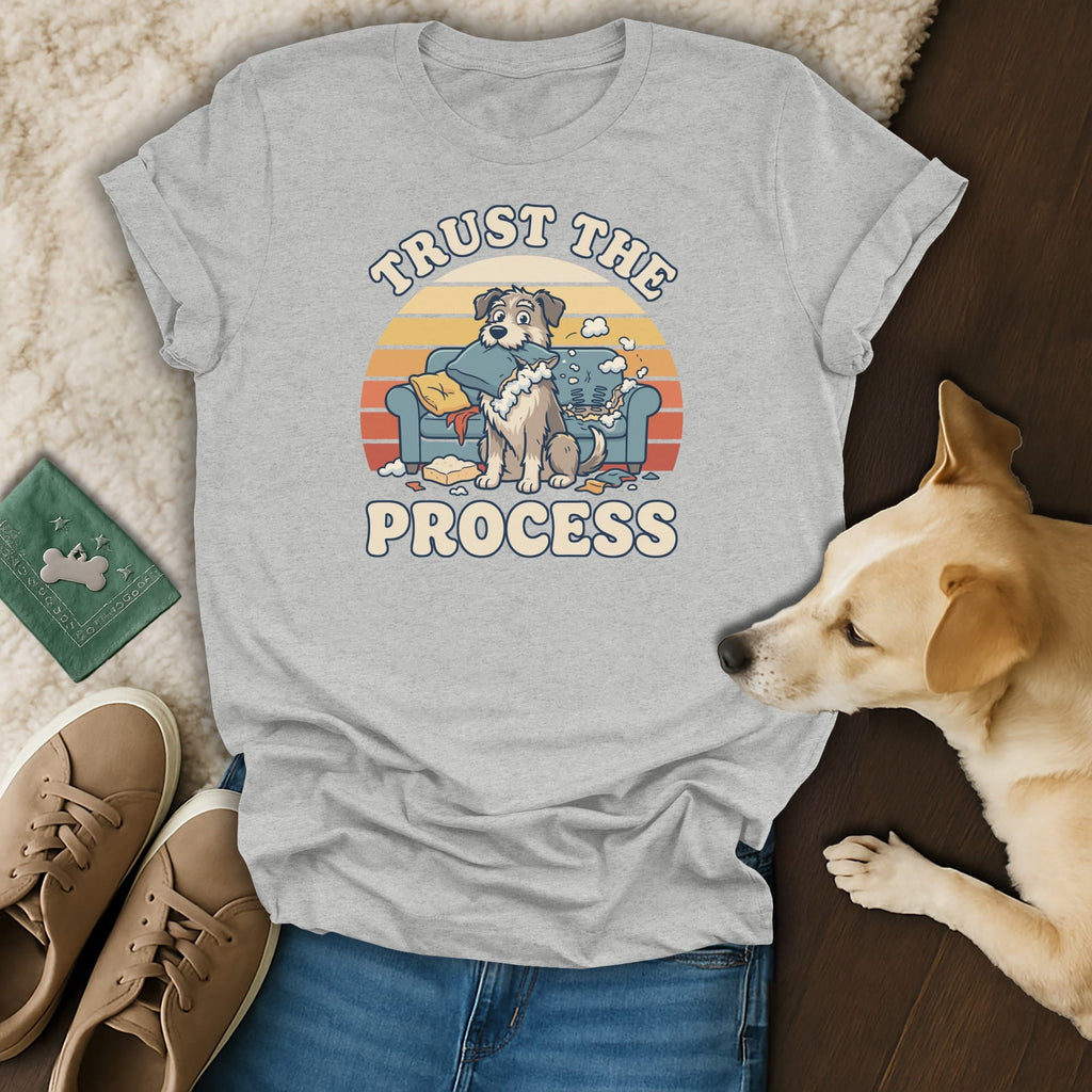 Grey t-shirt with distressed graphic of dog on couch, text "TRUST THE PROCESS".