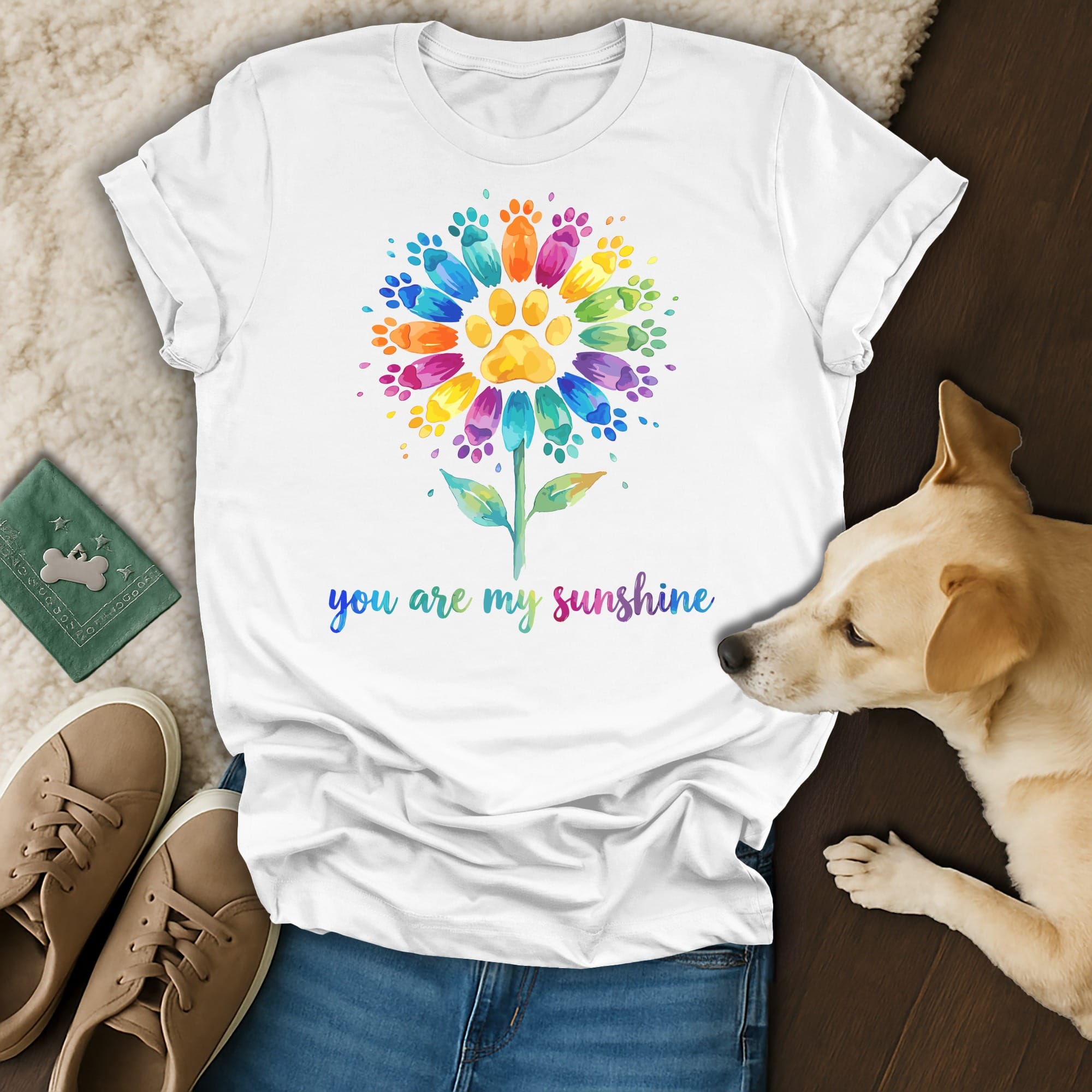 White t-shirt with colorful paw print flower and "you are my sunshine" text.