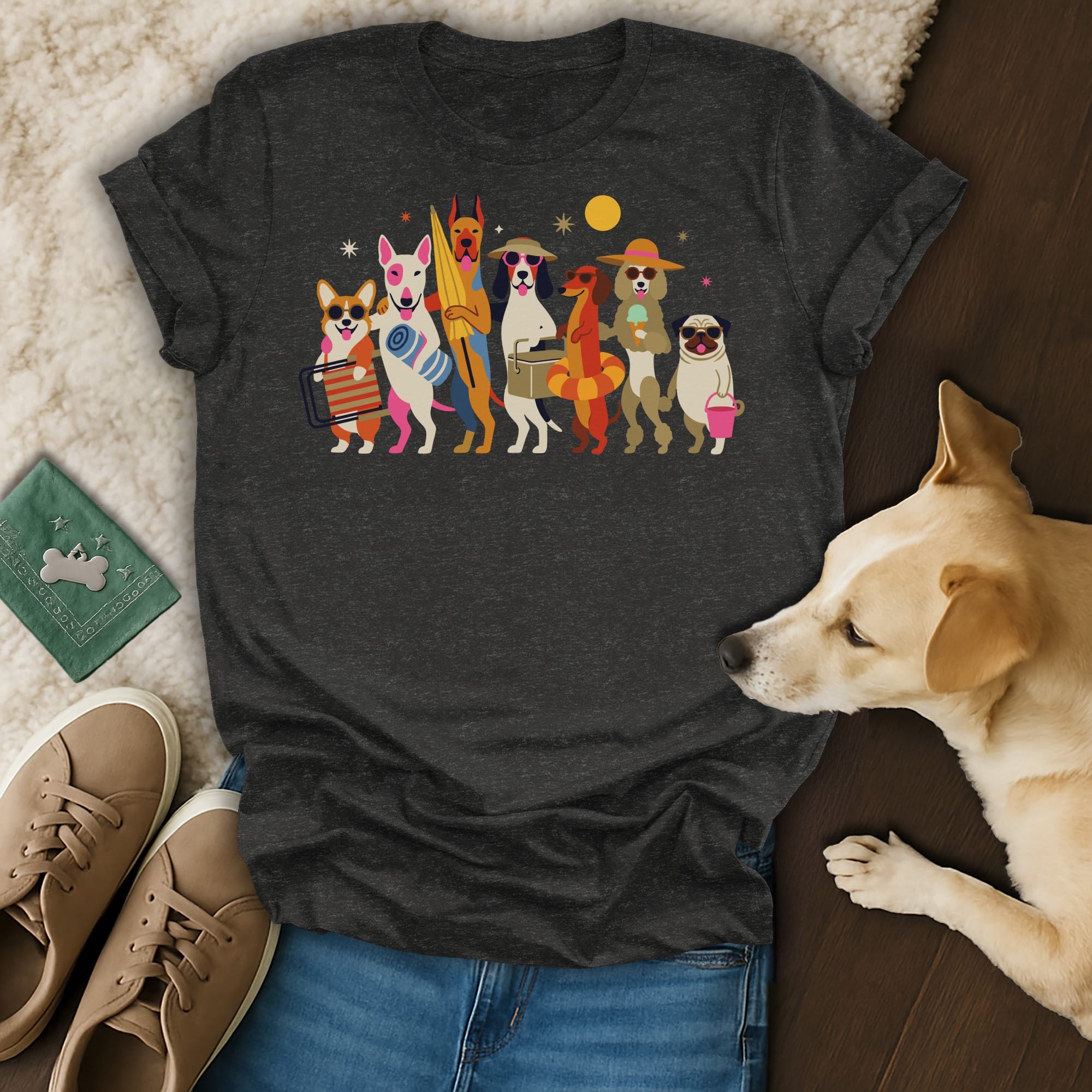 T-shirt with colorful graphic of various dogs dressed for the beach with a yellow sun.