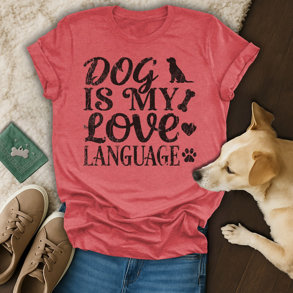 Distressed graphic t-shirt with "Dog is my love language" and dog paw.