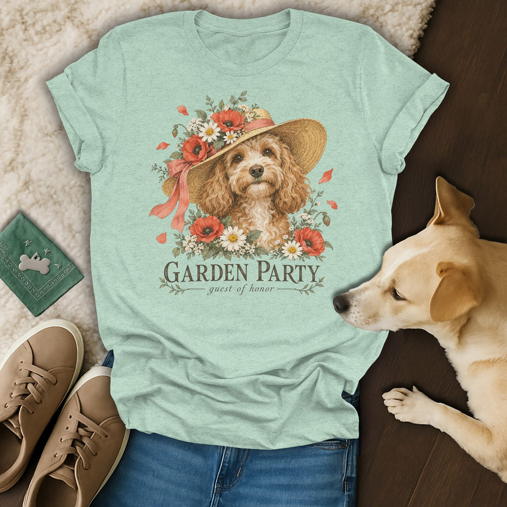 Light green t-shirt featuring a graphic of a curly dog in a floral hat with the text Garden Party.