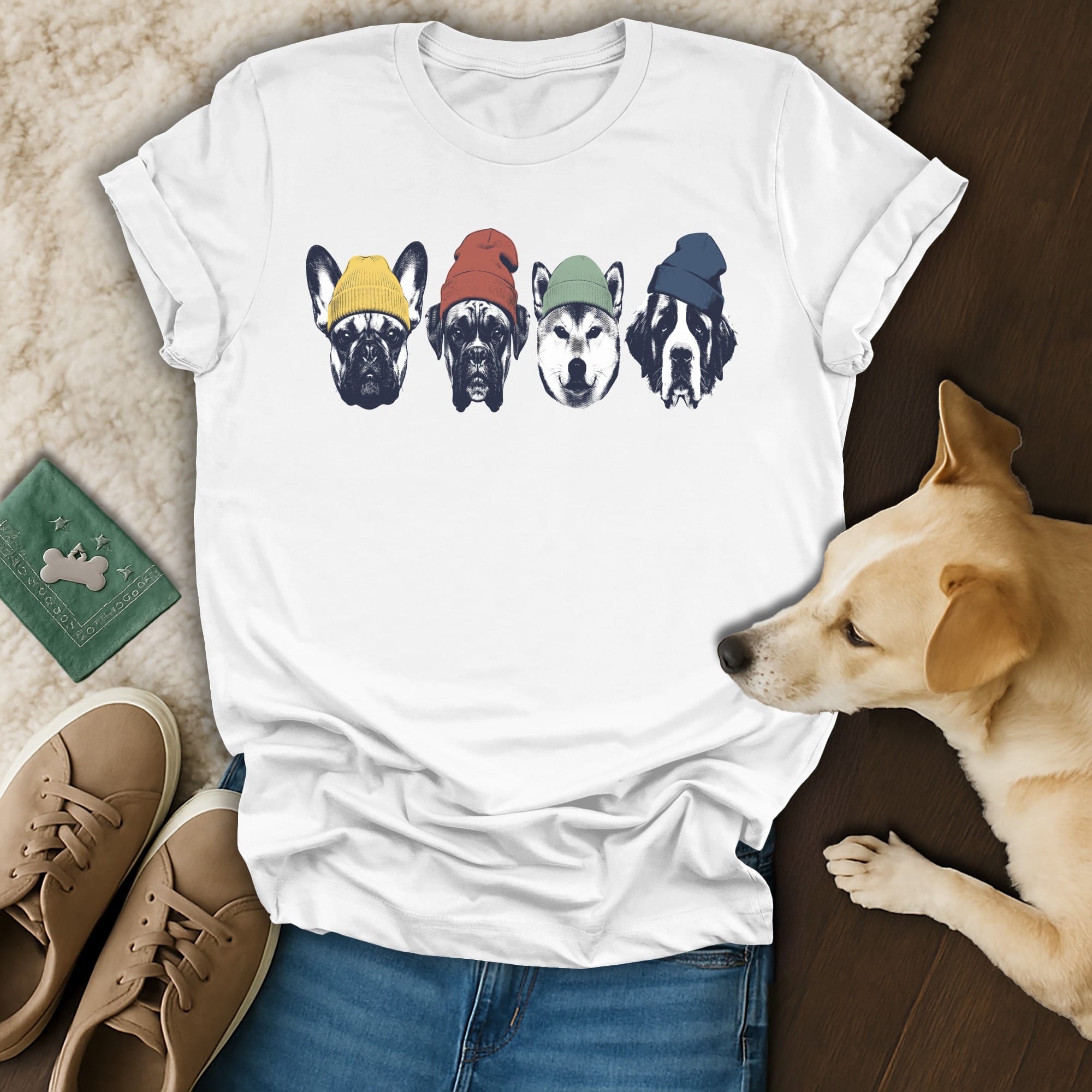 White t-shirt featuring four cartoon dogs wearing beanies, laid out with jeans and shoes.