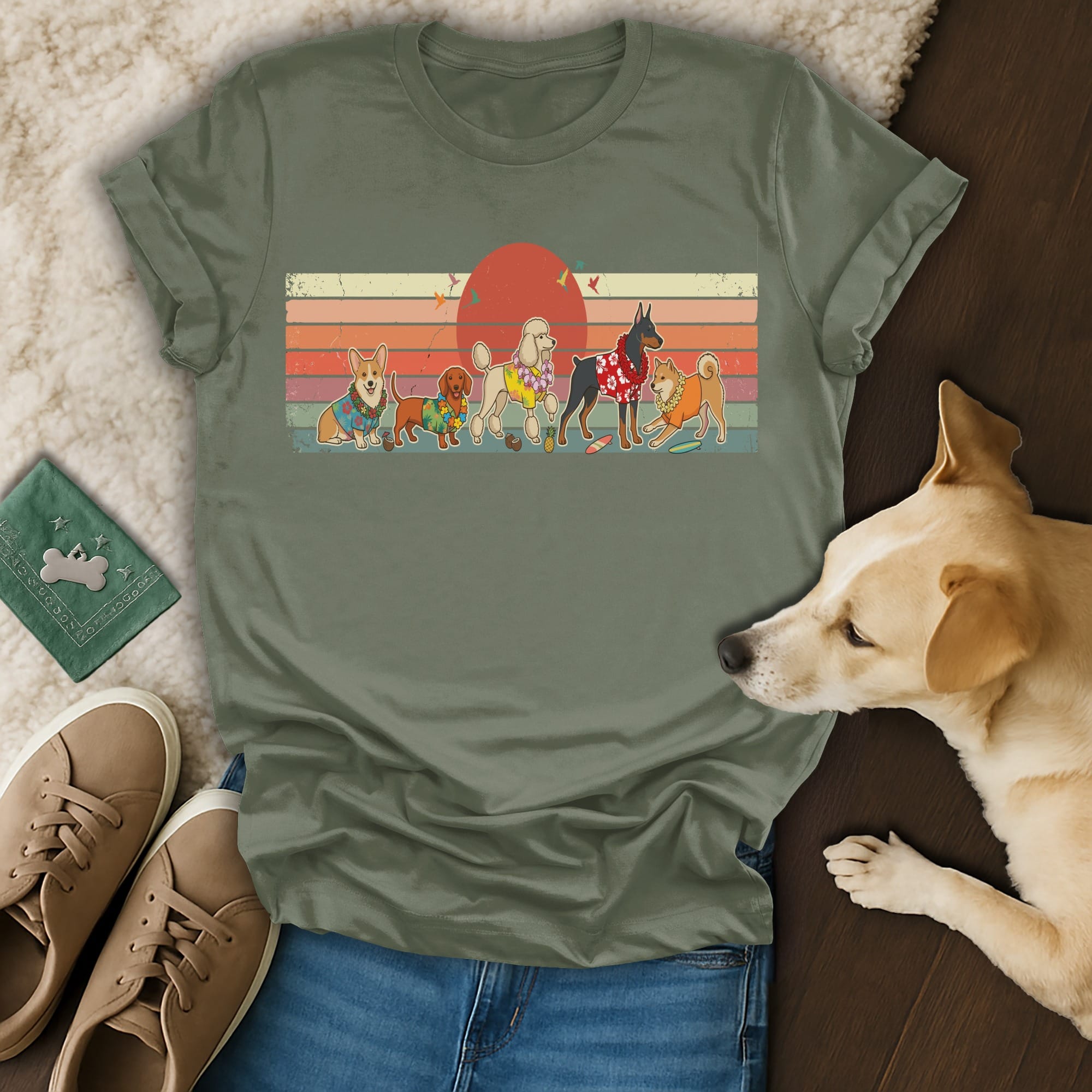 Group of dogs in sweaters and accessories with a sunset background.
