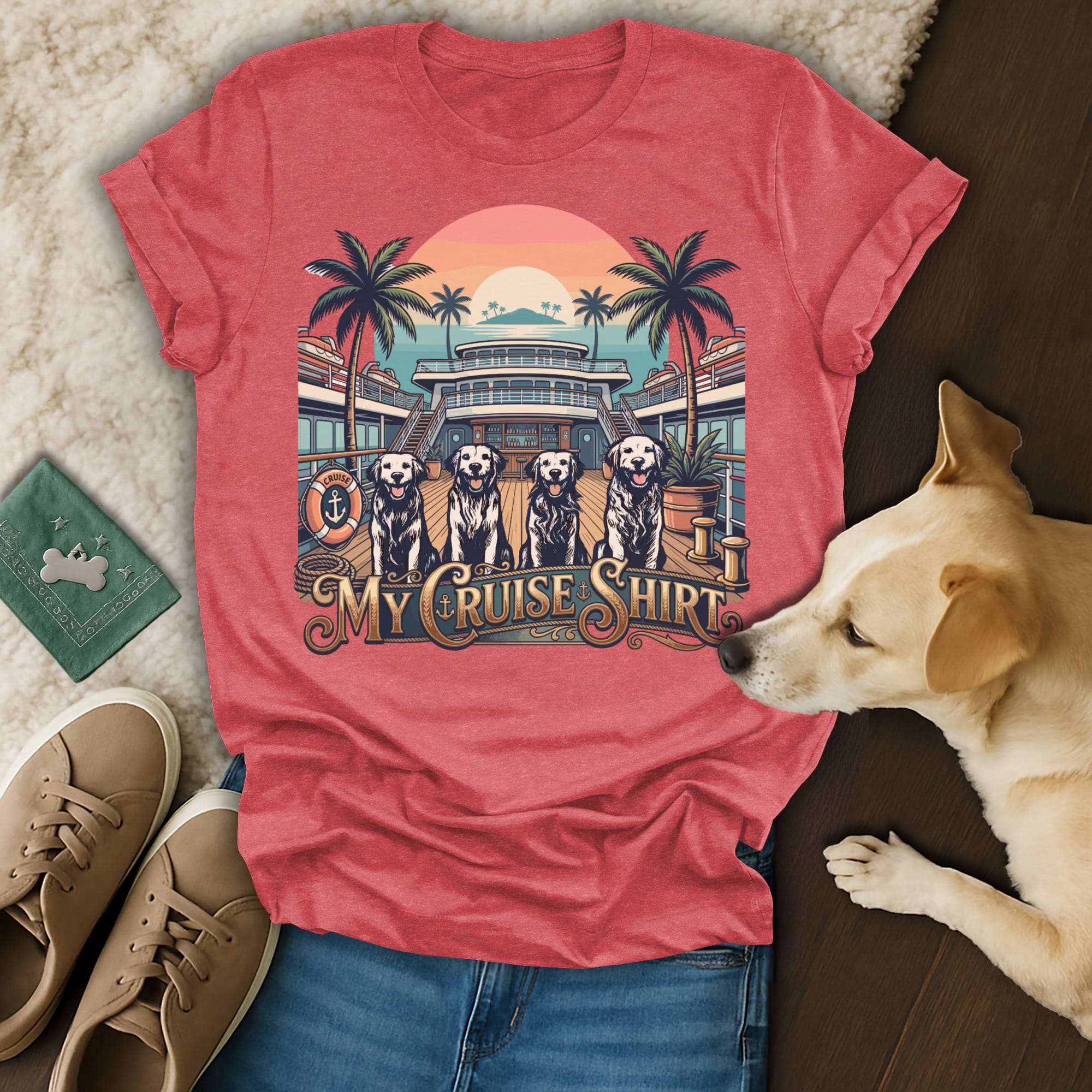 T-shirt with four golden retrievers on a cruise ship deck with palm trees.