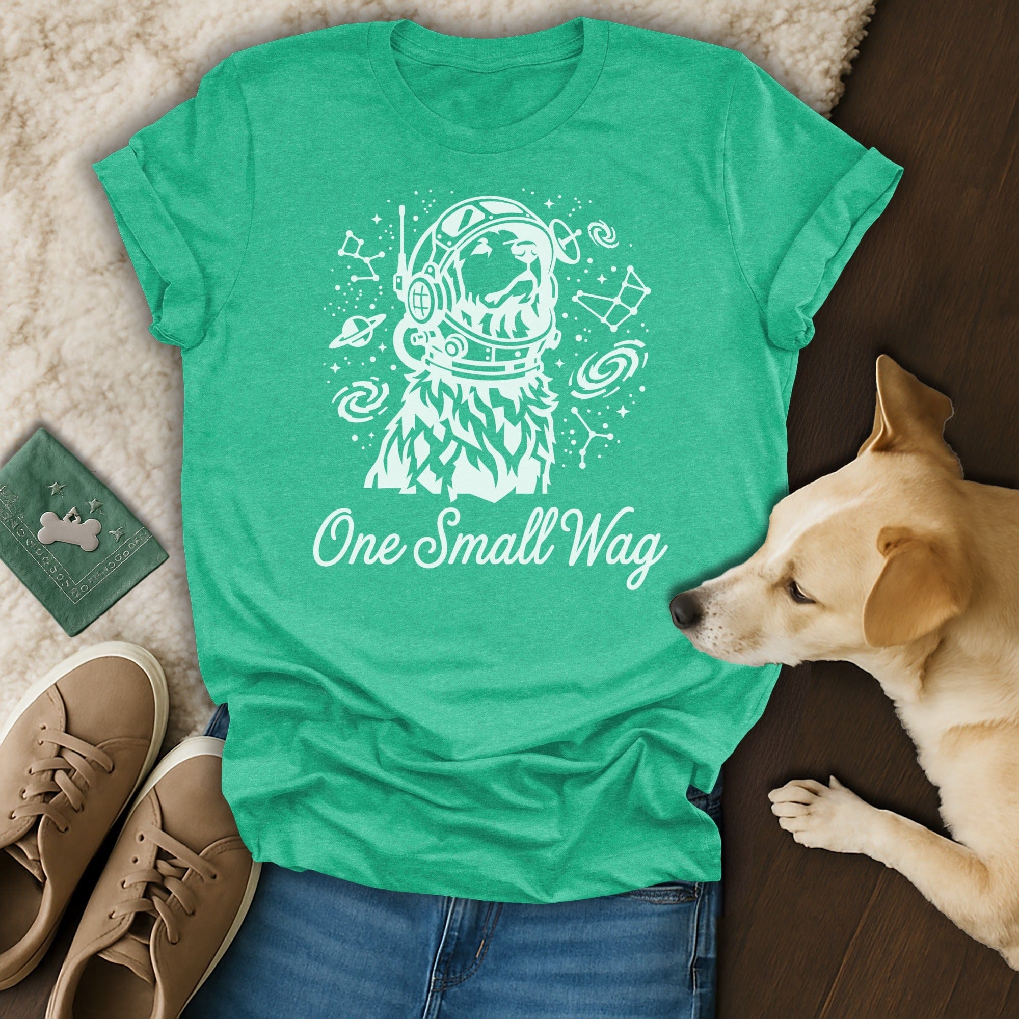 Green astronaut dog stars cosmos One Small Wag product type