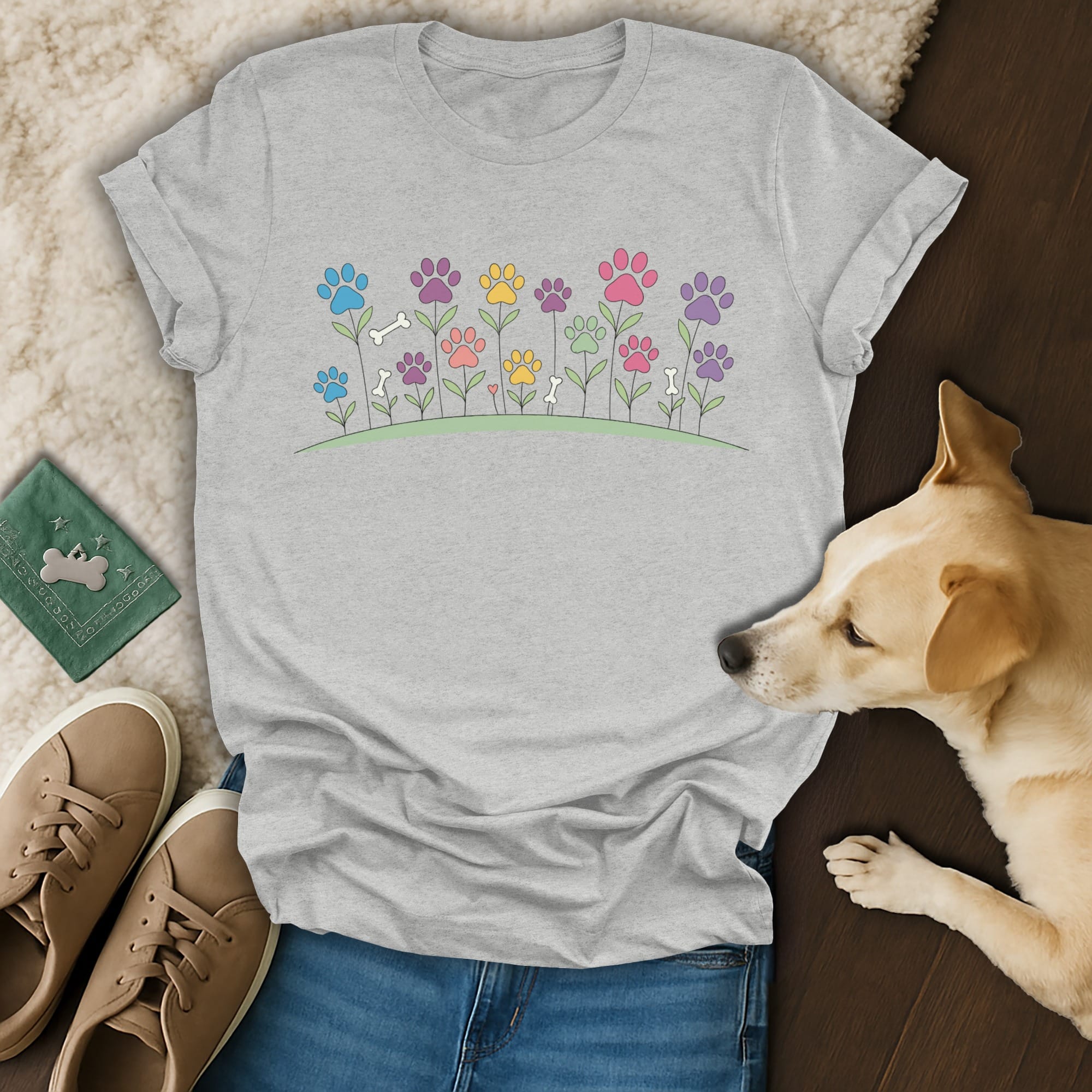 Grey t-shirt with colorful paw print flowers and a bone, dog on right.