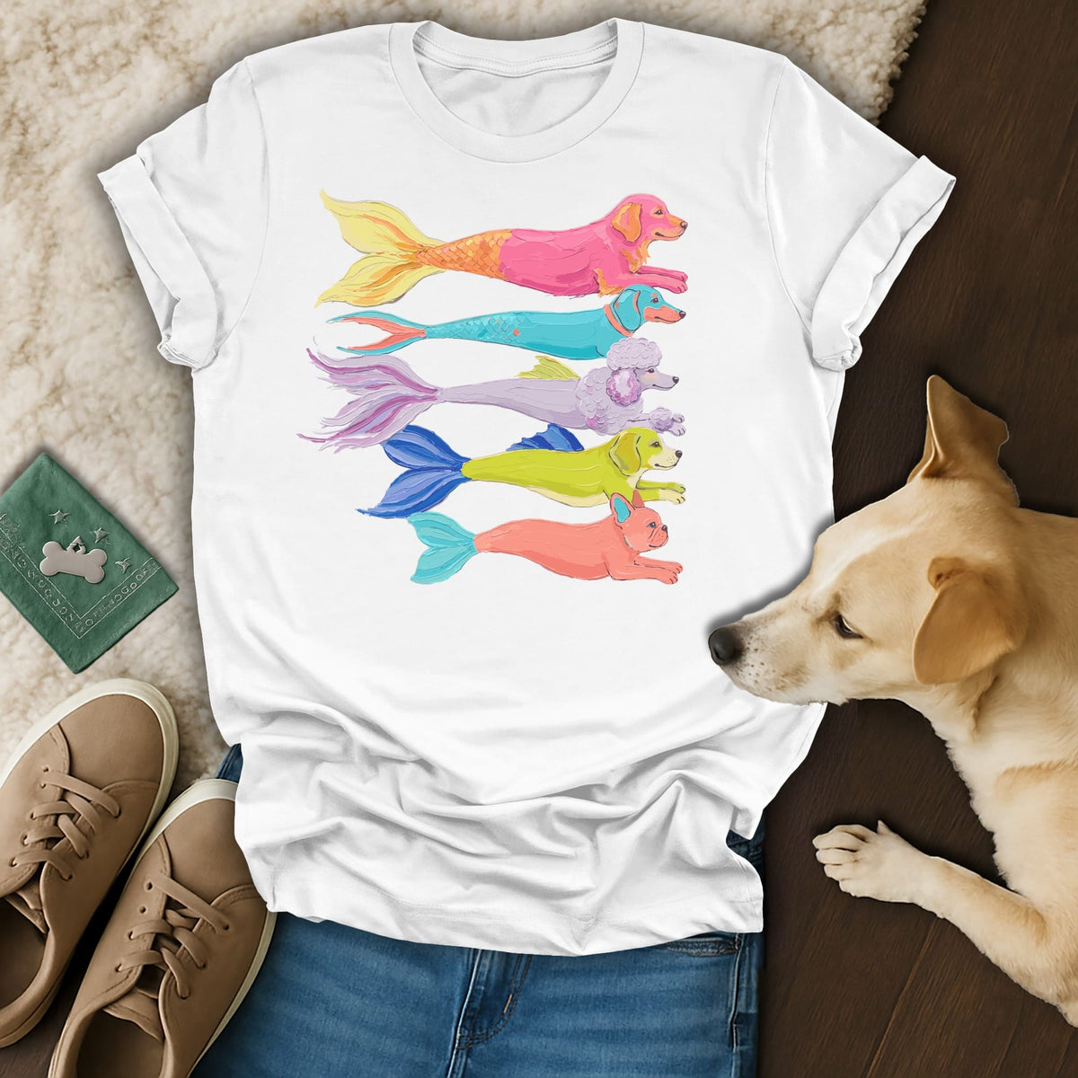 White t-shirt with cartoon dogs in mermaid tails in various colors.