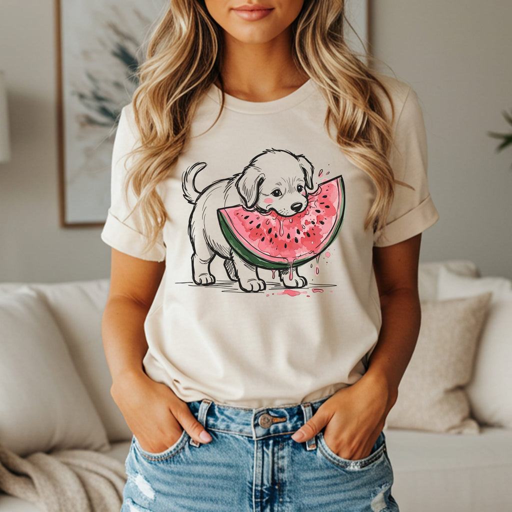 Cream t-shirt with line drawing of a puppy eating watermelon.