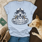 Dog wearing a captain's hat with "CAPTAIN OF MY ADVENTURES" text.