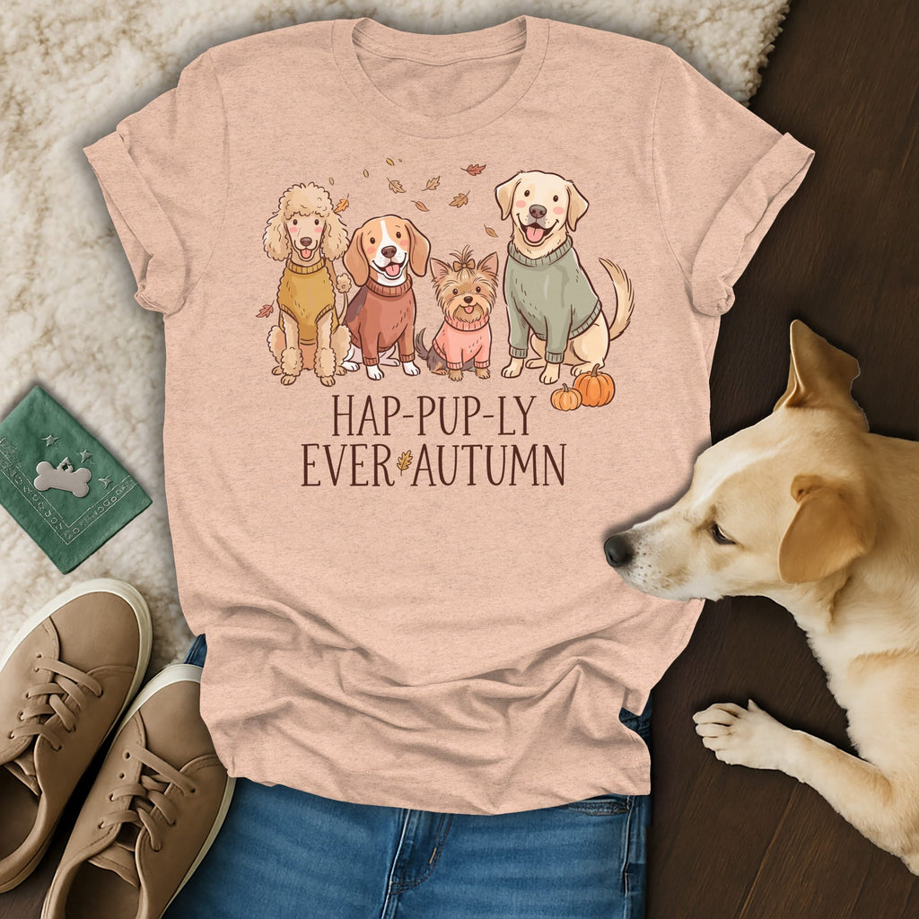 T-shirt with four dogs and text "HAP-PUP-LY EVER AUTUMN".